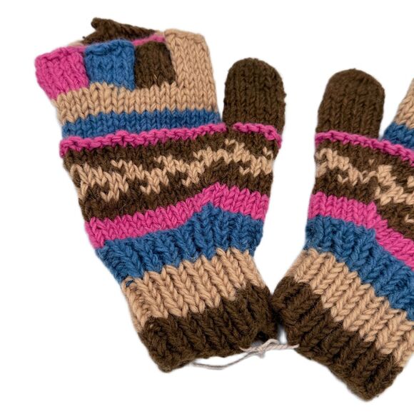 Vintage Knit Convertible Mittens Fingerless Gloves Brown Pink Blue Fair Isle OS - Picture 2 of 5